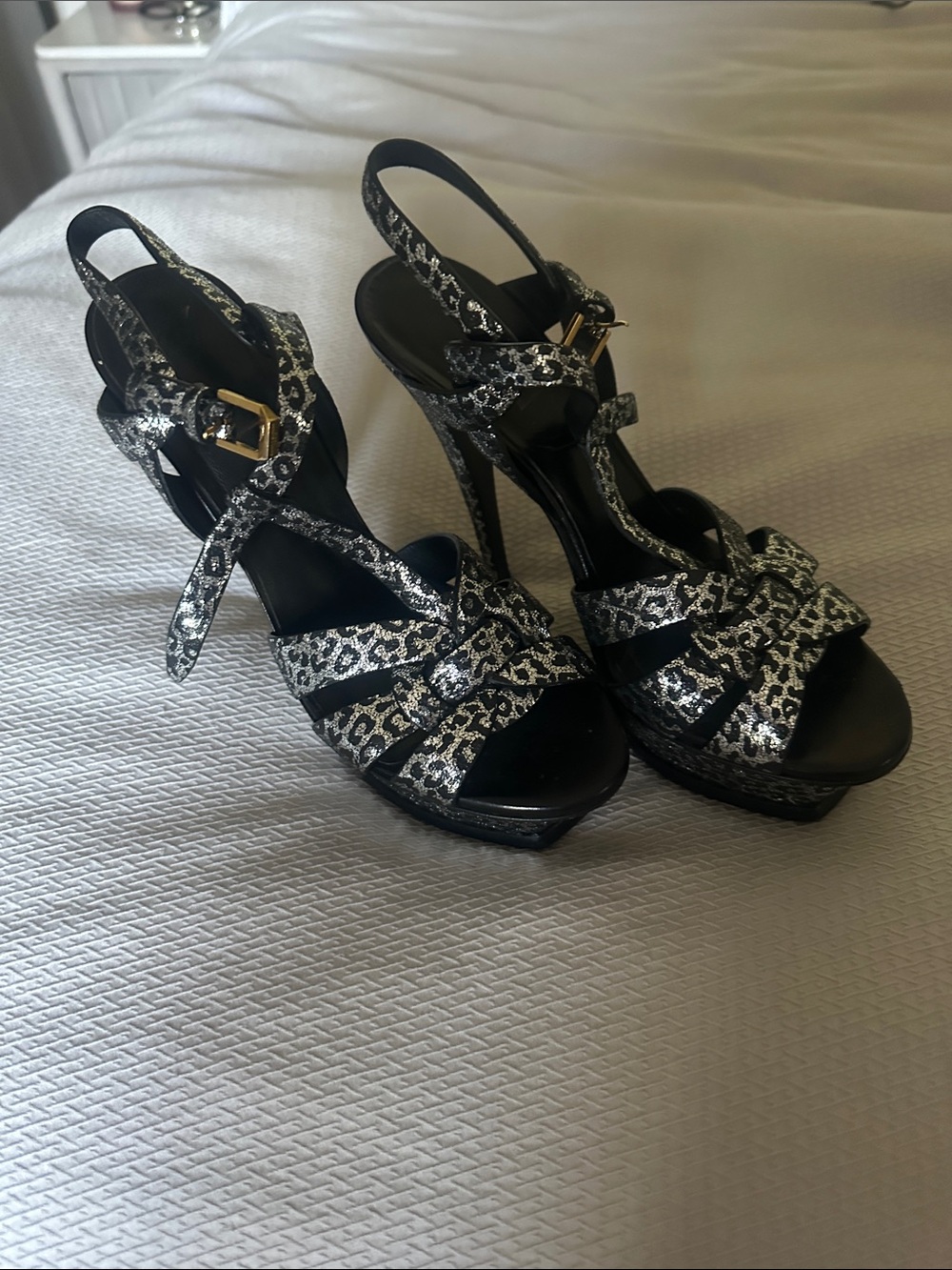 Yves Saint Laurent Black and Silver Metallic Leopard-Print Platform Sandals